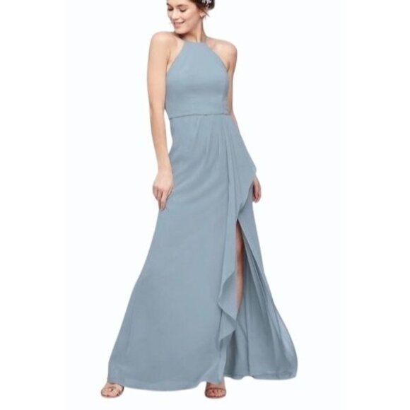 DAVID's BRIDAL Blue  Sz 2 Halter Neck Chiffon Bride's Maid Prom Dress Side Slit - Picture 1 of 16
